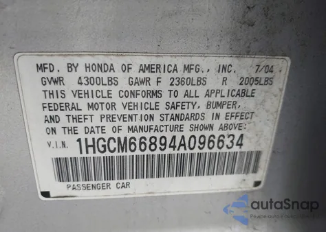 2004 Honda Accord 3.0 Ex из США, поврежденный, VIN 1HGCM66894A096634